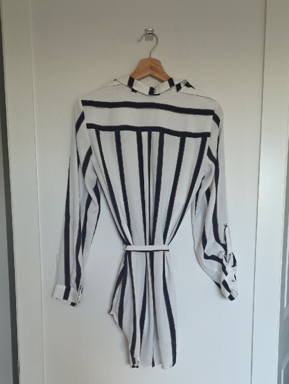 Striped White Tunic Long Shirt with Navy and Gold Accent - Picture 3 of 7